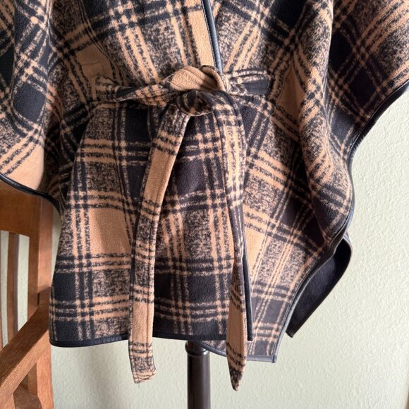 size S/M Rachel Roy Plaid Kimono-Style Belted Cape Poncho Open Front & Short Sle - Picture 4 of 10